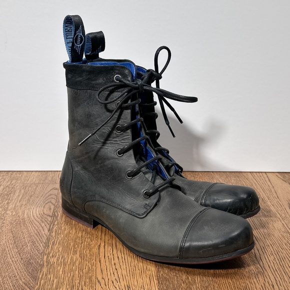 John Fluevog x Mini Cooper BBC Radio 6 Eyelet Black Leather Boots Mens US 7.5 - Picture 1 of 12